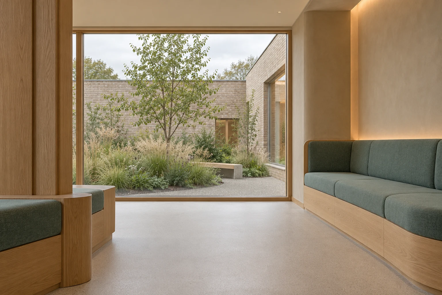 Architectural mood concept: a light-filled space with warm oak seating and a sheltered planted courtyard