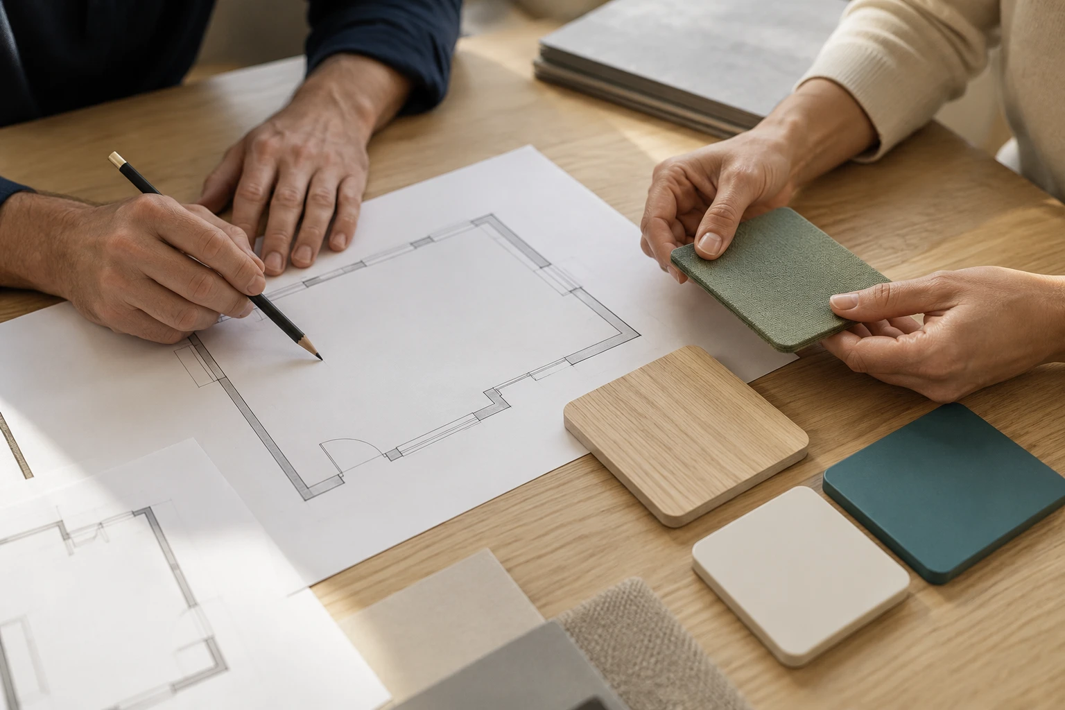 Design professionals reviewing a generic room plan and carefully finished material samples