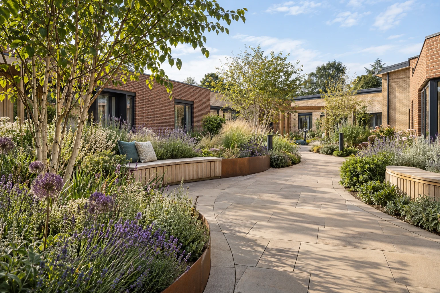 Garden design concept with curved accessible paths, oak seating and sheltered planting