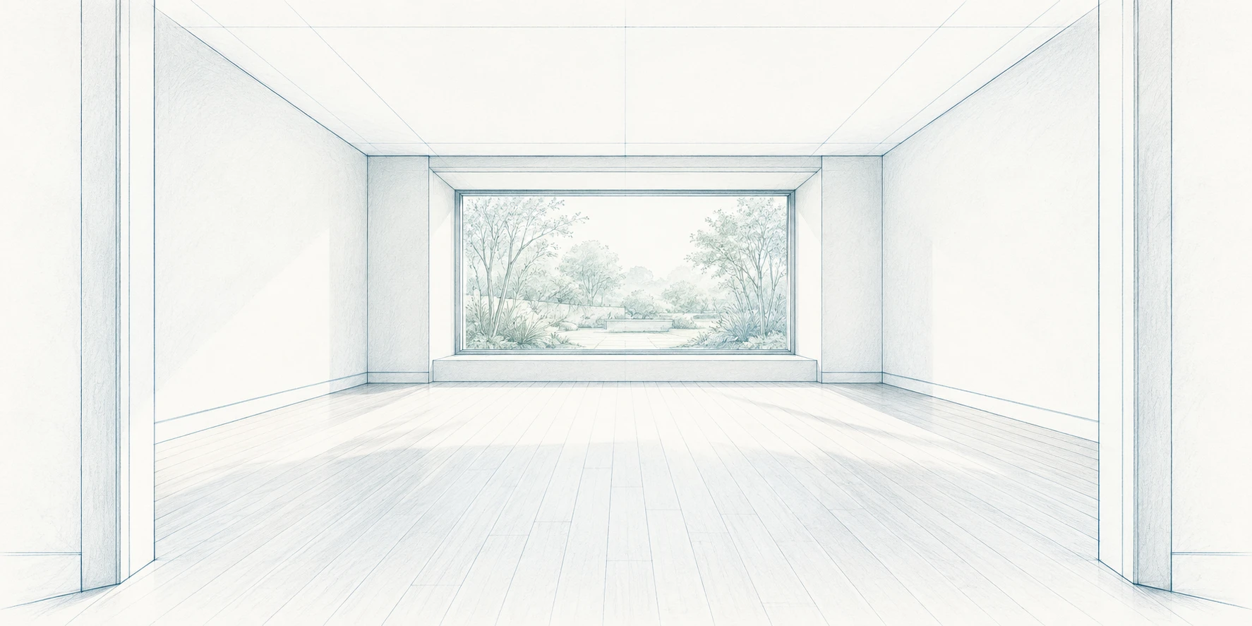 Blue architectural perspective sketch of a generic room with a recessed window overlooking a garden