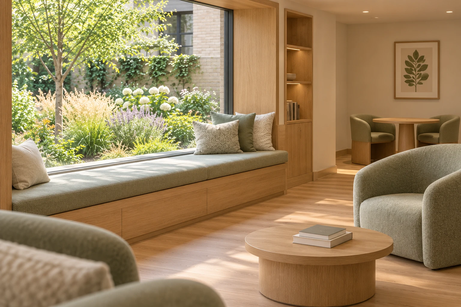 Concept of a coordinated welcoming interior overlooking a leafy enclosed garden