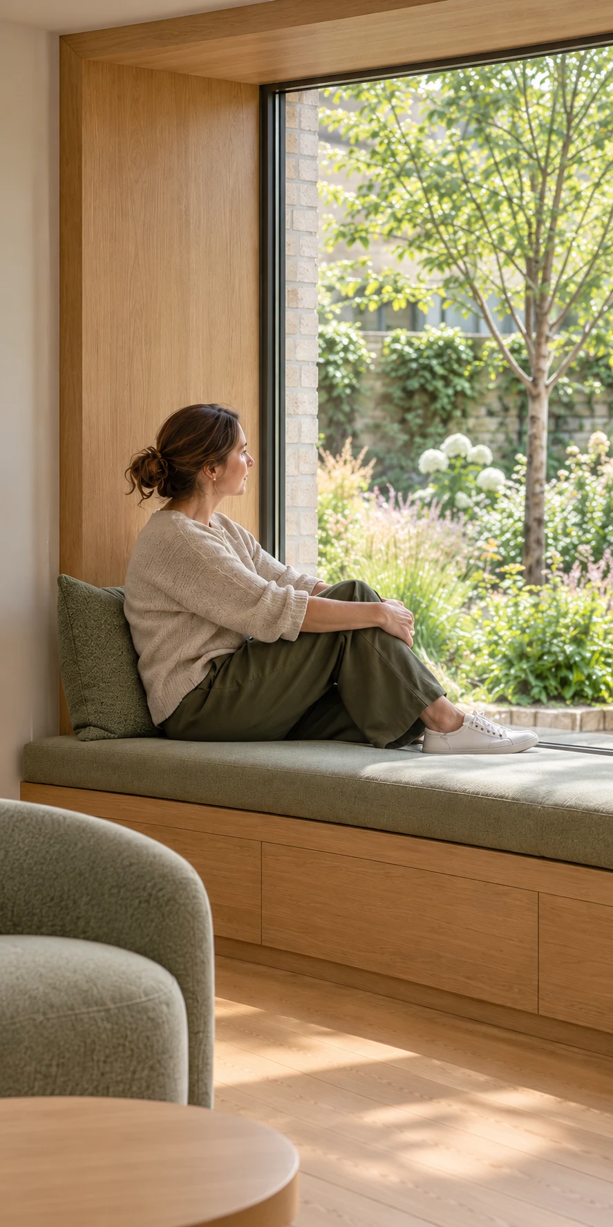 Concept image of a person looking out from a welcoming care setting into a garden