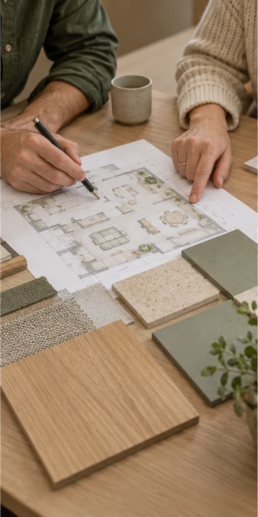 Room plans and material samples being reviewed together